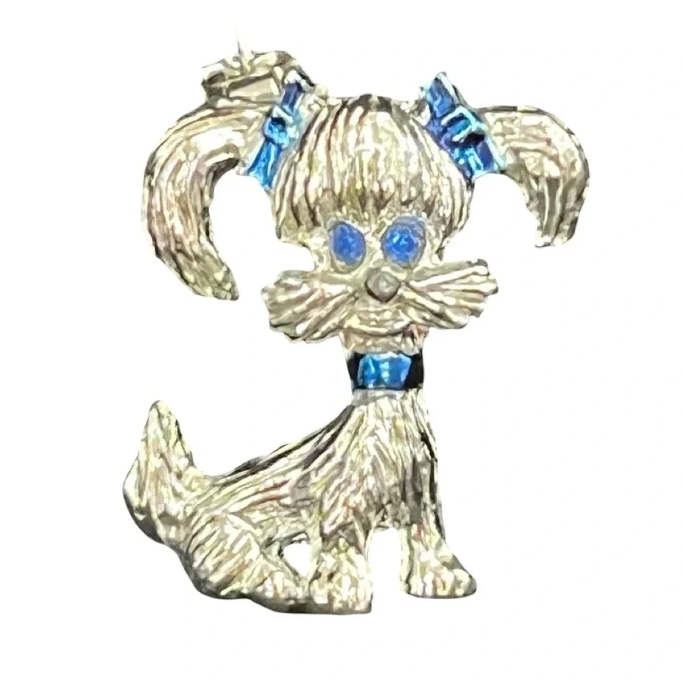 Vintage Gerry's Yorkie Dog BroochSilver Tone Blue Rhinestones EnamelPuppy Pin